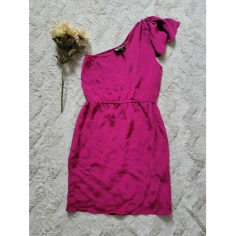 Vintage‎ Anlo 100% Silk Fuchsia Pink One Shoulder Dress Size S